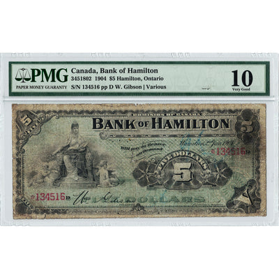 $5 1904 Bank of Hamilton Canada Chartered Note #345-18-02 - PMG VG-10