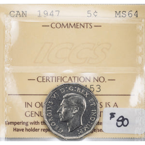 SOLD Canada 1947 5 Cents Nickel Coin - ICCS MS-64