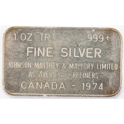 SOLD Johnson Matthey Mallory JM&M 1oz .999 Silver Bar - Dated 1974