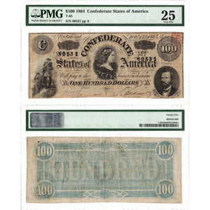United States 1864 $100 Confederate States of America Note T-65 - PMG VF-25