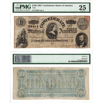 United States 1864 $100 Confederate States of America Note T-65 - PMG VF-25