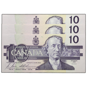 SOLD $10 1989 Bank of Canada Notes BEE Prefix BC- 57b - 3 Consecutive - AU+