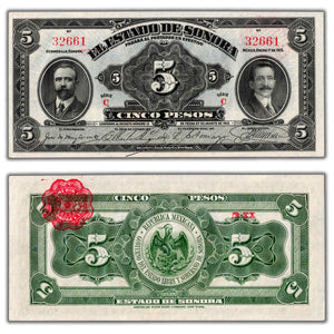 SOLD Mexico Estado de Sonora 1913 5 Pesos Note P #S1072 - AU