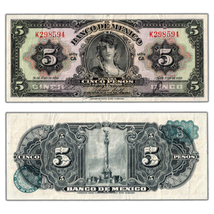 SOLD Mexico 1950 5 Five Pesos Note Series CA P #34l - VF+