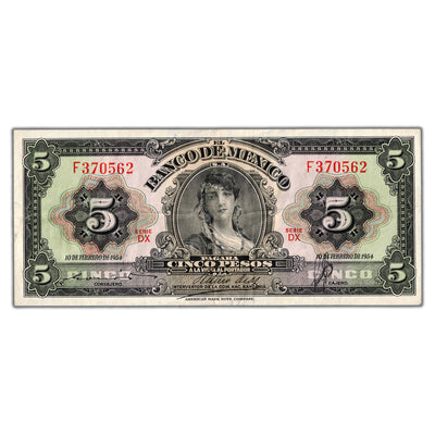 Mexico 1954 5 Five Pesos Note Series DX P #57b - VF+