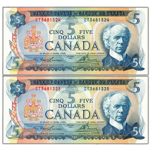 SOLD $5 1972 Bank of Canada Notes CT Prefix BC-48b - 2 Consecutive Ch UNC