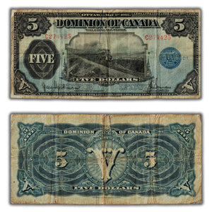 SOLD $5 1912 Dominion of Canada Note Hyndman-Saunders Seal Only DC-21g - Fine