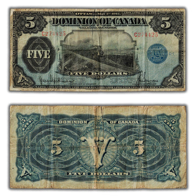 SOLD $5 1912 Dominion of Canada Note Hyndman-Saunders Seal Only DC-21g - Fine