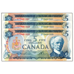 SOLD $5 1972 Bank of Canada Notes CT Prefix BC-48b - 3 Consecutive AU/UNC
