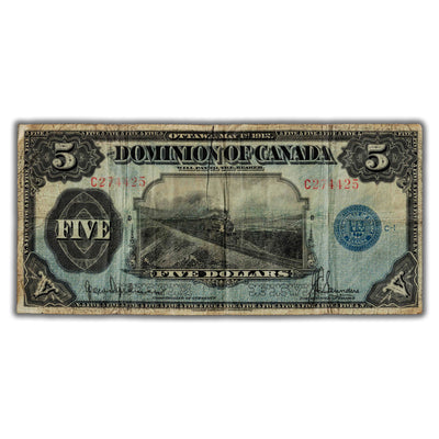 SOLD $5 1912 Dominion of Canada Note Hyndman-Saunders Seal Only DC-21g - Fine