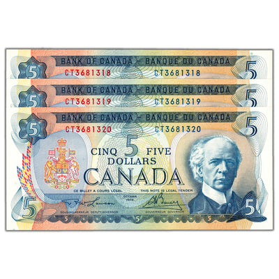 SOLD $5 1972 Bank of Canada Notes CT Prefix BC-48b - 3 Consecutive Ch UNC