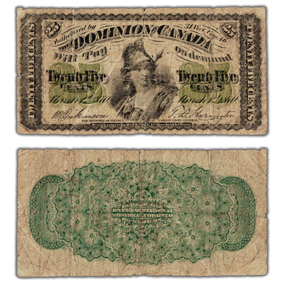 25 Cents 1870 Dominion of Canada Shinplaster Note Plain DC-1c - VG (pinholes)