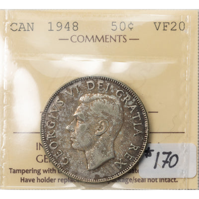 SOLD Canada 1948 50 Cents Half Dollar Silver Coin - ICCS VF-20