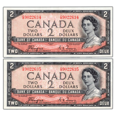 $2 1954 Bank of Canada Notes Devil Face C/B Prefix BC-30a - 2 Consecutive AU/UNC