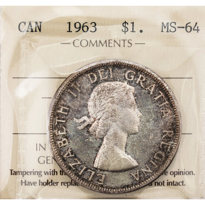 Canada 1963 $1 Silver Dollar Coin - ICCS MS-64
