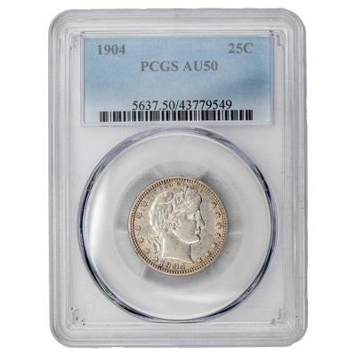 United States 1904 25 Cents Barber Quarter Silver Coin - PCGS AU-50