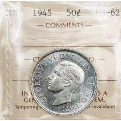 Canada 1945 50 Cents Half Dollar Silver Coin - ICCS MS-62