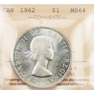 SOLD Canada 1962 $1 Silver Dollar Coin - ICCS MS-64