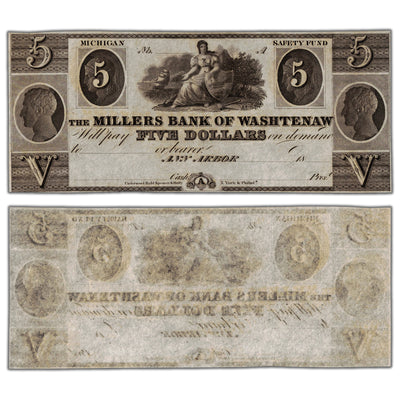 United States 1800's Millers Bank of Washtenaw $5 Five Dollars Remainder Note - UNC
