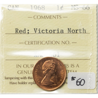 SOLD Canada 1968 1 Small Cent Coin - ICCS MS-66 Red Ex. Victoria North