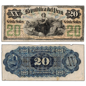 Peru 1879 20 Twenty Soles Note P #7a - Missing Small Piece/Holes