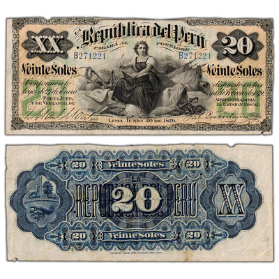 Peru 1879 20 Twenty Soles Note P #7a - Missing Small Piece/Holes