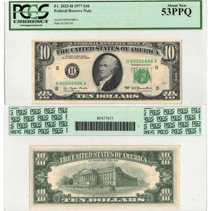 SOLD United States 1977 $10 Note St. Louis Fr. 2023-H Lower Serial #886 - PCGS AU-53 PPQ