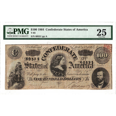 United States 1864 $100 Confederate States of America Note T-65 - PMG VF-25