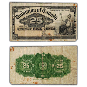 SOLD 25 Cents 1900 Dominion of Canada Shinplaster Note DC-15c - Lightly Off Cut - Stained