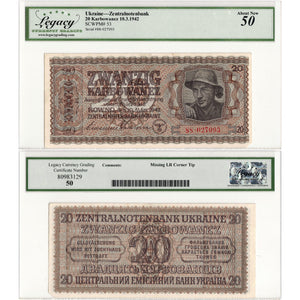 SOLD Ukraine Zentralnotenbank 1942 20 Karbowanez Note P #53 - Legacy AU-50