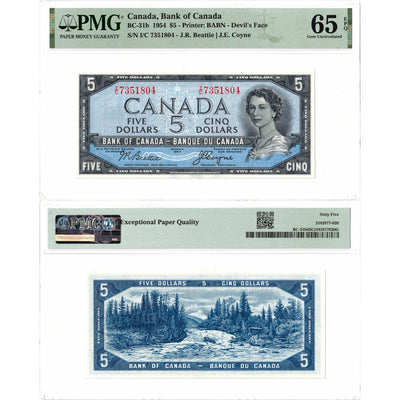 SOLD $5 1954 Bank of Canada Note Devil Face I/C Prefix BC-31b - PMG Gem UNC-65 EPQ