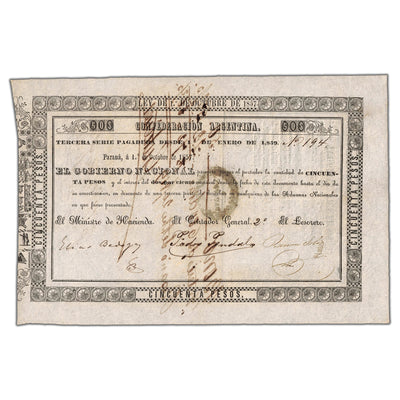 SOLD Argentina Confederacion 1857 (1859) 50 Pesos Note - AU