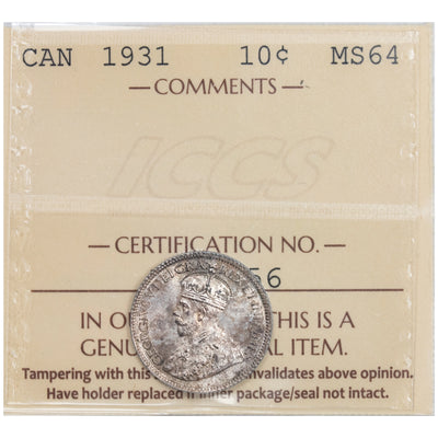 Canada 1931 10 Cents Dime Silver Coin - ICCS MS-64