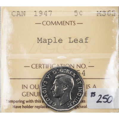 SOLD Canada 1947 Maple Leaf 5 Cents Nickel Coin - ICCS MS-65