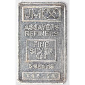 SOLD Johnson Matthey JM 5 Gram .999 Silver Bar