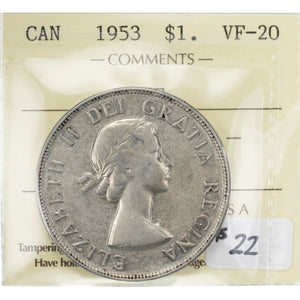 SOLD Canada 1953 NSF $1 Silver Dollar Coin - ICCS VF-20