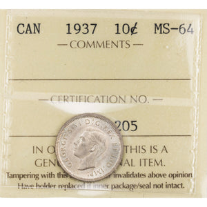 SOLD Canada 1937 10 Cents Dime Silver Coin - ICCS MS-64