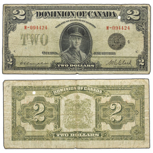 SOLD $2 1923 Dominion of Canada Note Black Seal Series W DC-26l - Hole