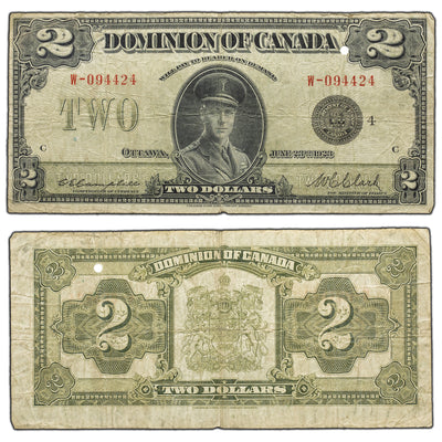 SOLD $2 1923 Dominion of Canada Note Black Seal Series W DC-26l - Hole