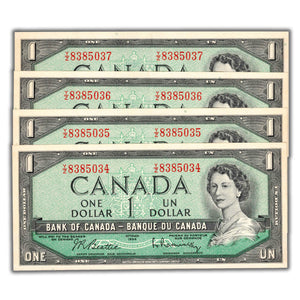 SOLD $1 1954 Bank of Canada Notes Y/Z Prefix BC-37b-i -4 Consecutive - Lightly Circulated