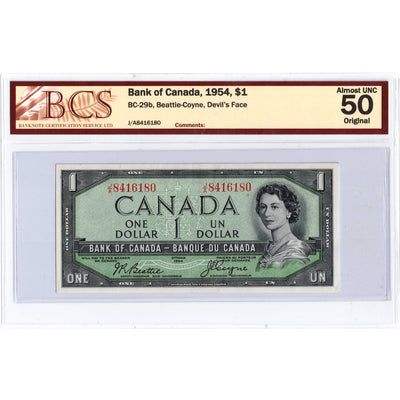 SOLD $1 1954 Bank of Canada Note Devil Face J/A prefix BC-29b - BCS AU-50
