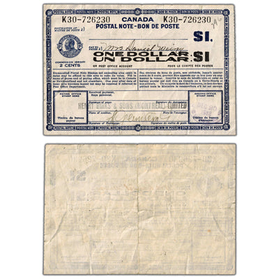 SOLD Canada 1938 $1 Postal Note with Payee of Henry Birks
