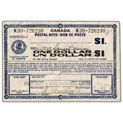 SOLD Canada 1938 $1 Postal Note with Payee of Henry Birks
