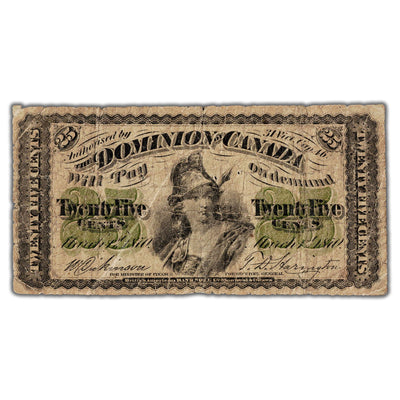 25 Cents 1870 Dominion of Canada Shinplaster Note Plain DC-1c - VG (pinholes)