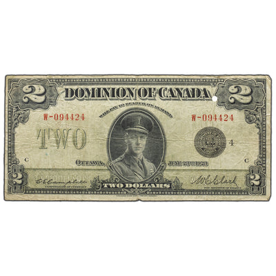 SOLD $2 1923 Dominion of Canada Note Black Seal Series W DC-26l - Hole
