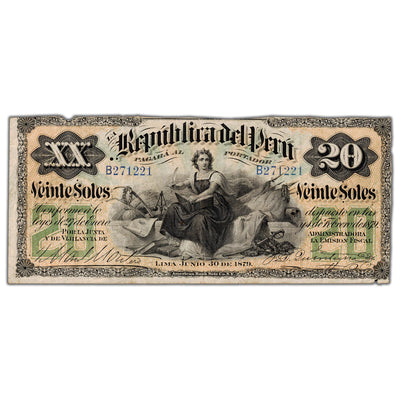 Peru 1879 20 Twenty Soles Note P #7a - Missing Small Piece/Holes