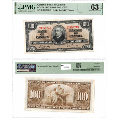 $100 1937 Bank of Canada Note Gordon-Towers B/J Prefix BC-27b - PMG UNC-63 EPQ