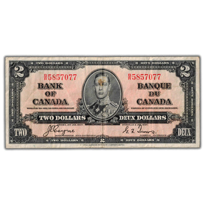 $2 1937 Bank of Canada Note Coyne-Towers B/R Prefix BC-22c - VF (small stain)