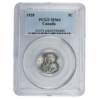 SOLD Canada 1928 5 Cents Nickel Coin - PCGS MS-64