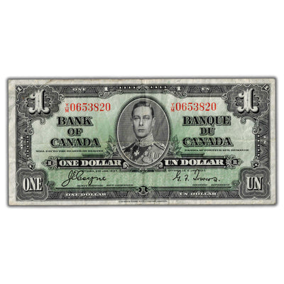$1 1937 Bank of Canada Note Coyne-Towers Y/M Prefix BC-21c - F/VF
